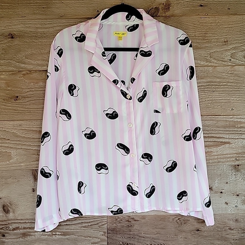 Shady Lady Size Large Pink and White Striped Satin PJ Top
